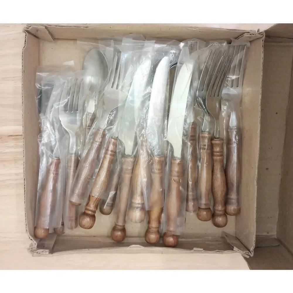 New old stock, vintage, MCM, wood handled flatware-silverware  set .Old Homestea